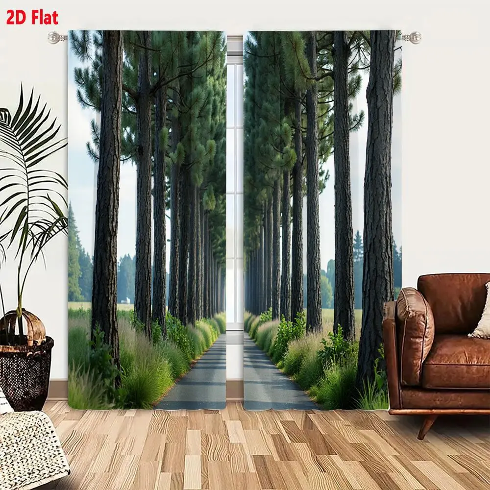 2Pcs Curtains 2D Flat Serene Symmetrical Pine Tree Pathway With Sunlight And Blue Sky Window Drapes for Bedroom Room Decor Decor