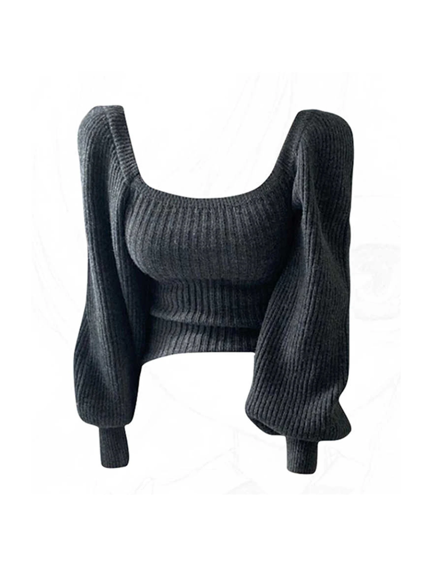 

Women's Grey Square Collar Pullover Sweater Harajuku 90s Vintage Cropped Knitwear 2000s Y2k Puff Sleeve Cashmere Sweater Autumn