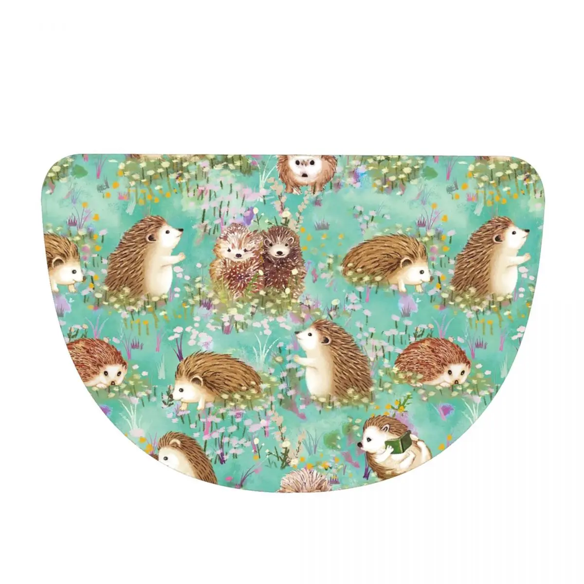 Autumn Hedgehog Spring Floral Soft Flannel Half Round Doormat Non Slip Bathroom Mat Absorbent Floor Carpet for Home Bedroom