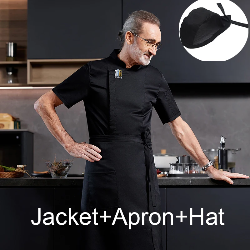 Latest Summer 3-piece Cooking Chef Costume Professional Uniform Hotel Overalls Catering Kitchen Clothes Cook Jacket&Cap Apron