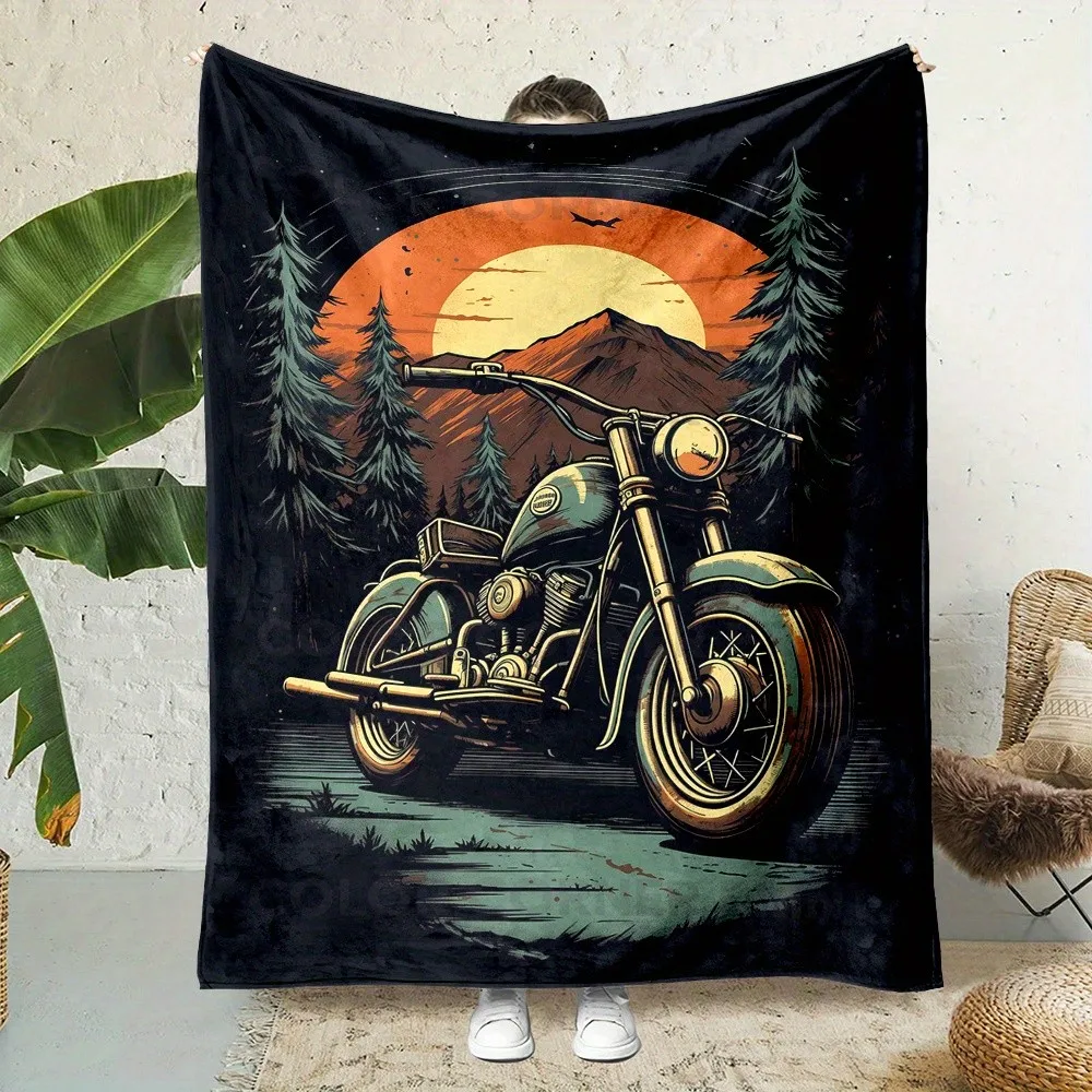 Motorcycle sunset pattern Flannel printed blanket suitable for all seasons suitable for living room office sofa and travel