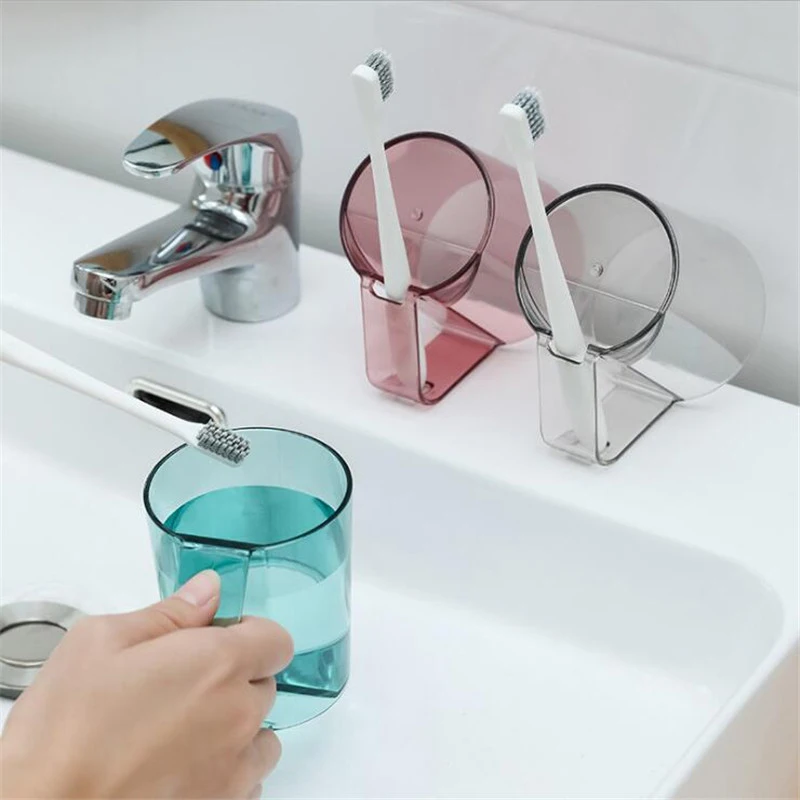 Taza de cepillo de dientes invertida transparente y taza de enjuague bucal, soporte para cepillo de dientes, taza Simple con asa, estantes de almacenamiento para Baño