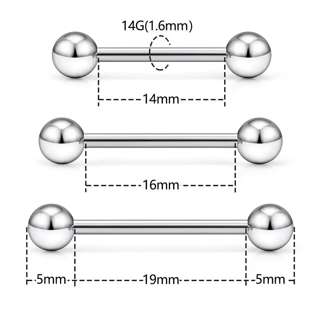 F136 Titanium 14G Internally Threaded Nipple Tongue Ring Industrial Bridge Albert Piercing Jewelry Earrings 14/16/19mm Barbells