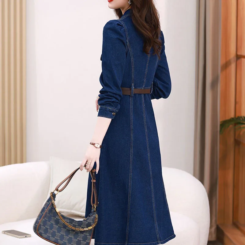 Vestido camisero vaquero de manga larga para mujer primavera otoño nuevos vestidos Retro moda femenina vestidos vaqueros medio largos de un solo pecho