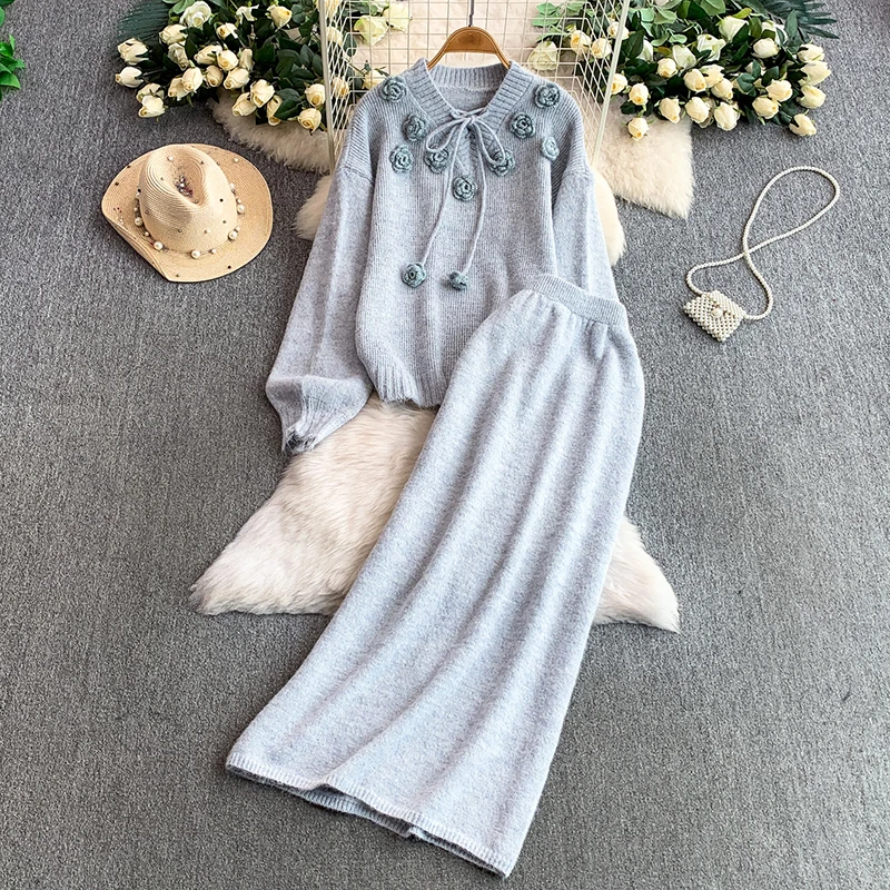 

Gentle and sweet temperament three-dimensional flower V-neck knitted sweater+long skirt French lazy style two-piece set