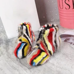 Winter Warm Contrast Colors Multi Mink Fur Snow Boots Square Rhinestone zipper Eskimo Fur Boots Women Colorful Fur Ankle Boots