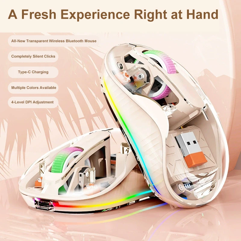 

Беспроводная мышь JITE M333, прозрачная бесшумная мышь с 3 режимами и магнитной зарядкой, перезаряжаемая эргономичная мышь для ПК, ноутбука Mac