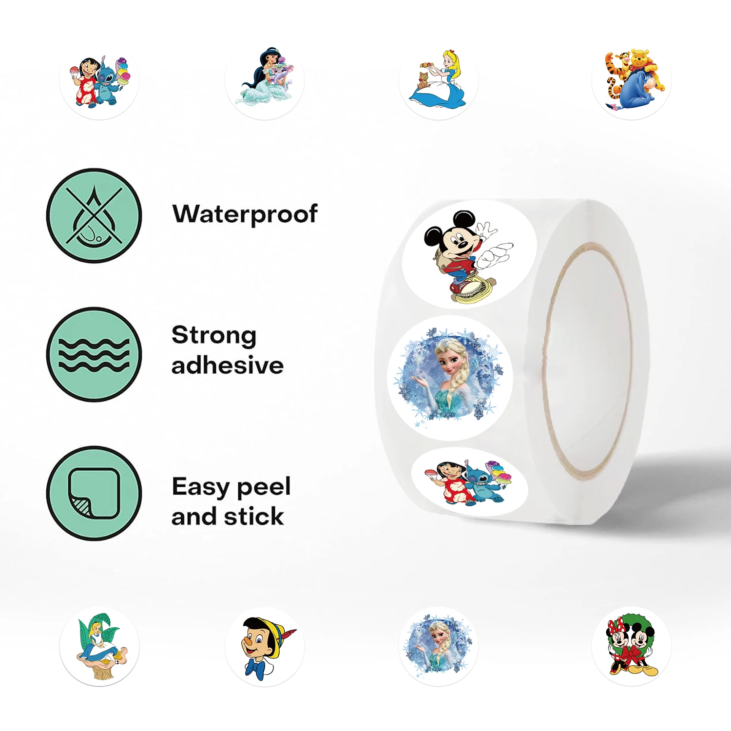 500Pcs/roll Cartoon Disney Mix Character Mickey Stickers, Roll Vinyl Stickers For Laptop, Bumper, Skateboard, Water Bottles