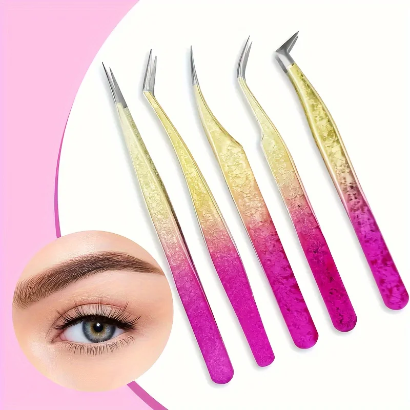 

1/4 Pieces Professional Eyelash Extension Tweezers With Rubber Tips Tweezers, Ombre Color Precision Stainless Steel Tools For Be