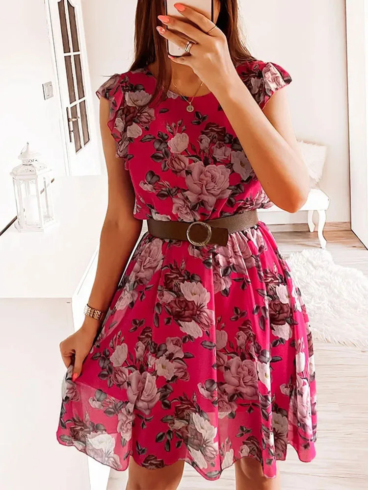 Summer Fashion Floral Printed Long Dress Ladies Sleeveless Elastic Waist Beach Dress 2022 Women V-Neck Pleated Chiffon Cover-Ups