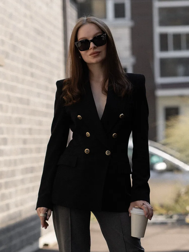 

BSK&TRAF women's classic commuter double-breasted suit jacket solid color professional wear high-end black suit jacket