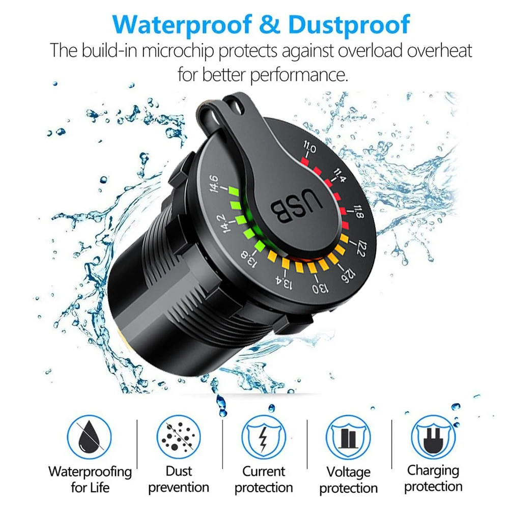 QC 3.0 18 واط المزدوج USB شاحن سيارة 12 فولت 24 فولت مقاوم للماء USB PD منفذ شحن سريع مع LED الفولتميتر على إيقاف التبديل لسيارة دراجة نارية