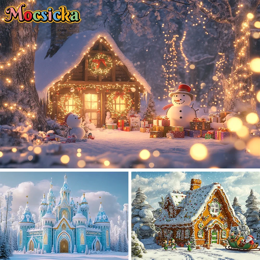 Christmas Decoration Background 2025 Winter Christmas Gingerbread House Xmas Tree Holiday Party Photography Backdrop Photo Props