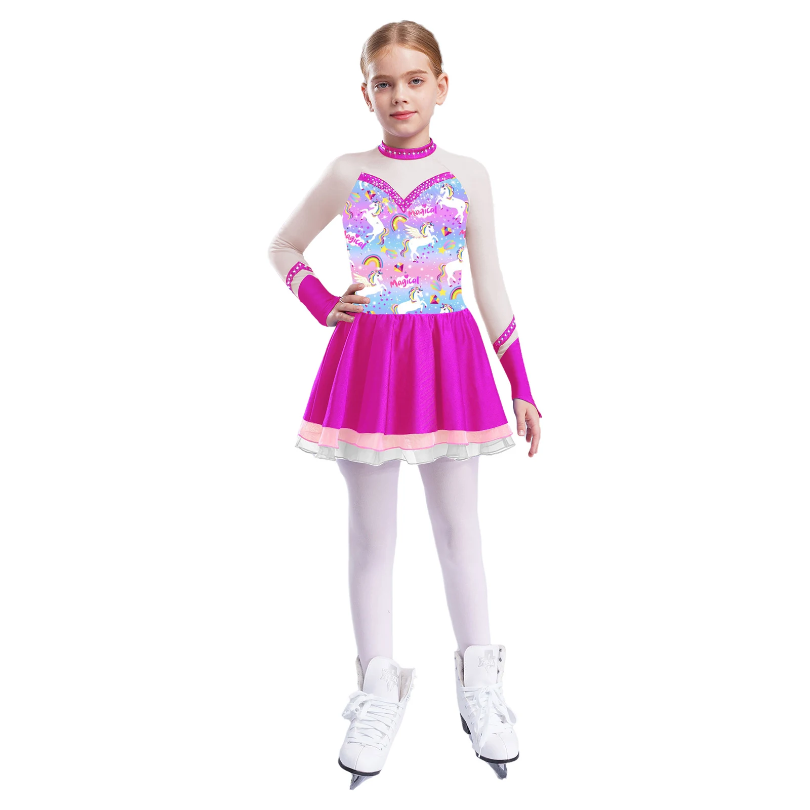 

Kids Girls Ballet Tutu Dress Rhythmic Gymnastics Leotard Dance Wear Long Sleeve Rhinestone Figure Skating Roller Skating Costume