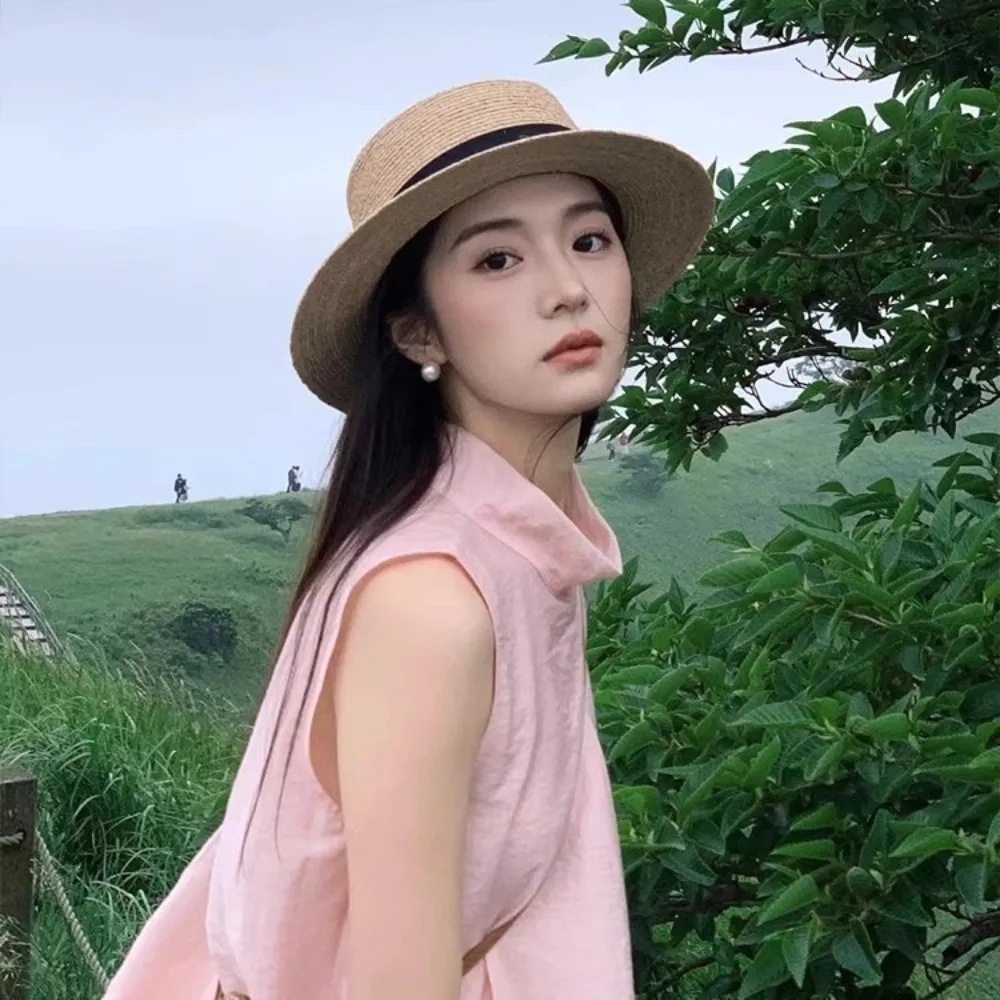 

Fashion Anti-Sun Flat Top Hat Anti-UV Foldable Sunscreen Hat Adjustable Straw Fedora Hat Outdoor Sports