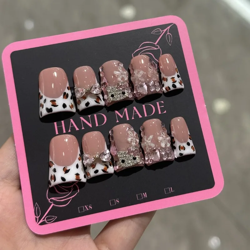 10 قطعة Bowknots الحلو اضغط على الأظافر الوردي ليوبارد طباعة الفرنسية مسمار نصائح مع بريق الماس ديكور اليدوية الاكريليك أظافر صناعية #2