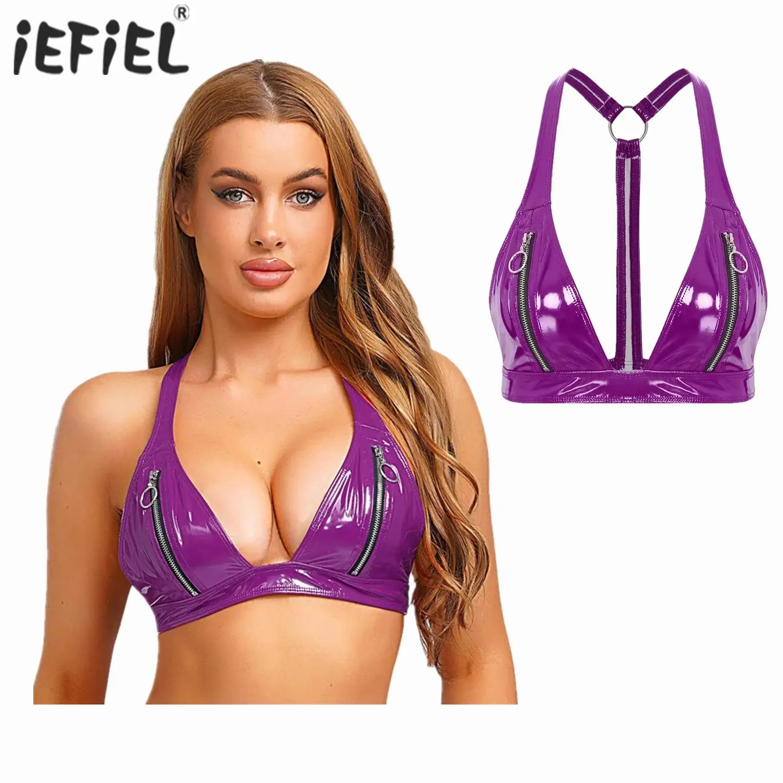 

Womens Lingerie Latex Sexy Bra Crop Tank Top Vest Clubwear Patent Leather Crop Tank Top Zipper No-pad Cup O-ring Y-back Bralette