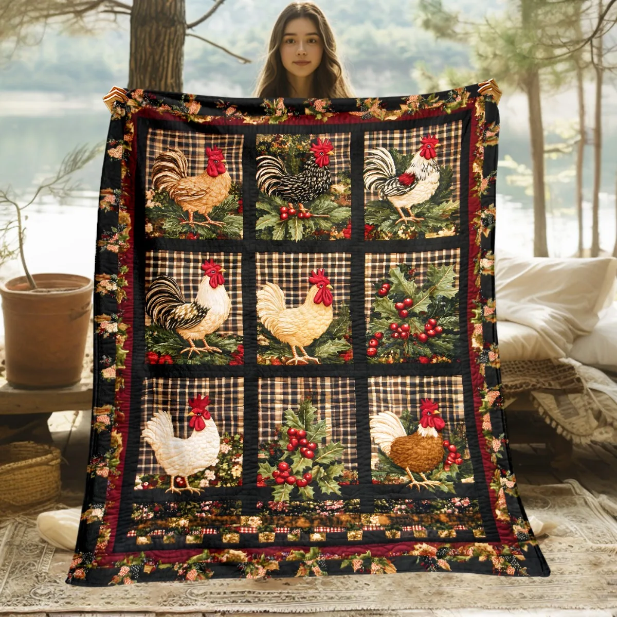1pc Chickens in Patchwork Pattern Printed Outdoor Blanket - Lightweight Flannel Used for Camping, Picnic, Hiking, Tourism, Airpl