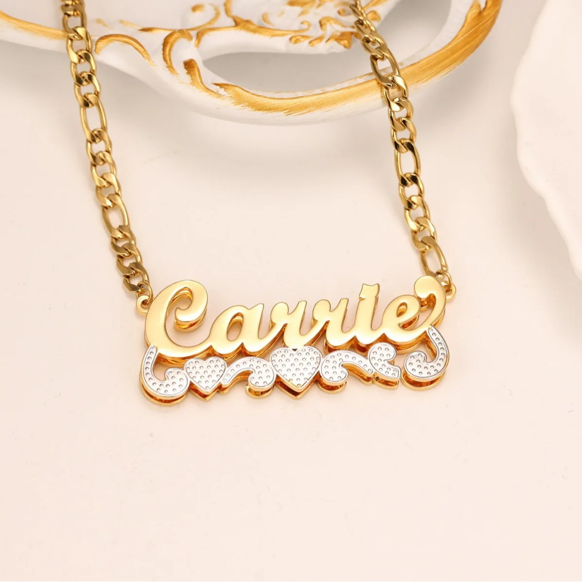 Personalized Heart Nameplate Double Plate Two Tone Necklace For Women Custom With Figaro Chain Stainless Steel Gold Jewelry