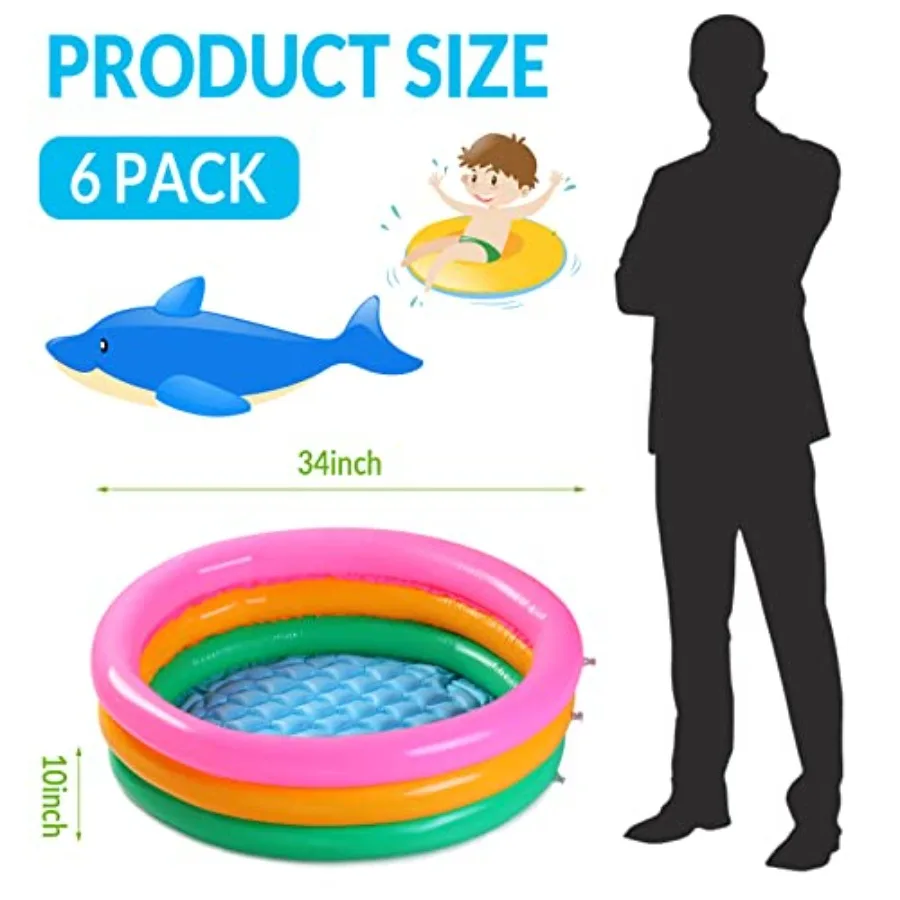 6 Pack Kiddie Pool for Toddler PVC Bright Style 34 x 10 Inch Inflatable Swimming Pool with 3 Rings for Indoor and Outdoor Water
