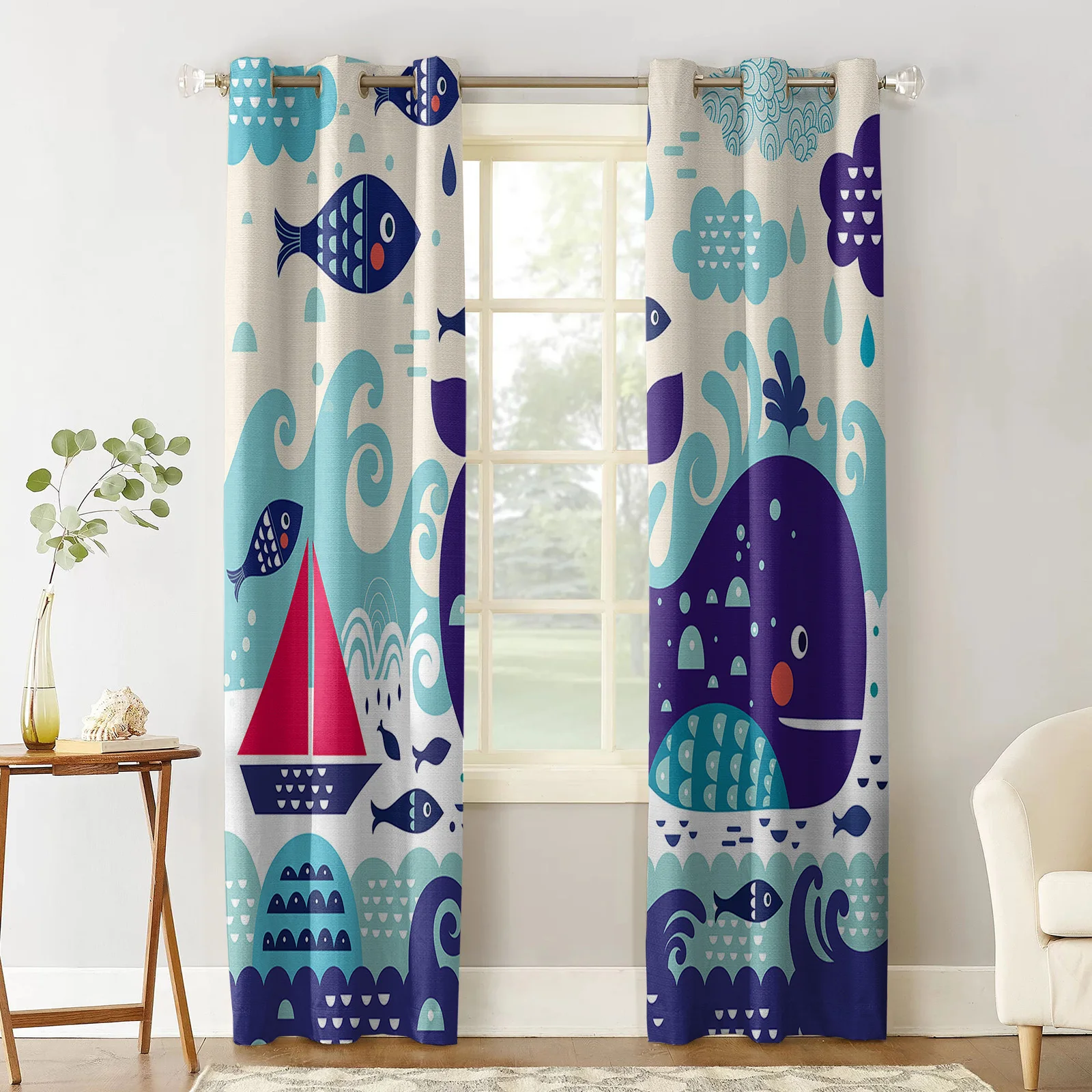 Whale Sea Wildlife Boat Cartoon Wave Print Window Curtains Luxury European Curtains for Living Room Balcony Hotel Cafe Drapes