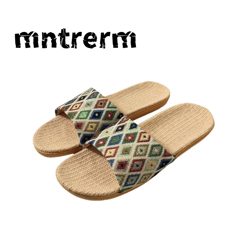 

Льняные тапочки на четыре сезона, модные женские летние домашние пары, домашние ромбические нескользящие сандалии и мужские тапочки