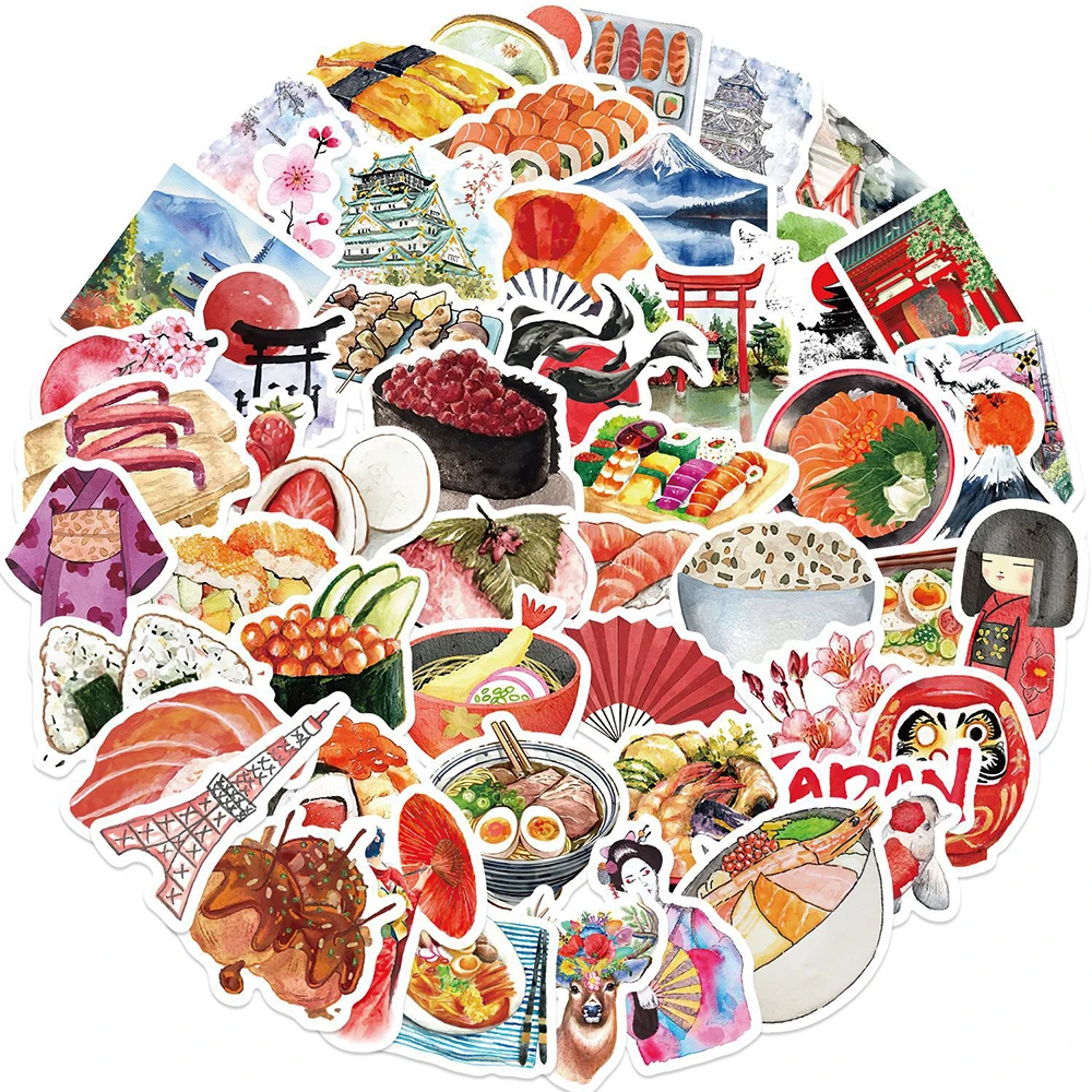 10/30/64pcs Kawaii Japanese Cuisine Sushi Stickers Cartoon Travel Decals Skateboard Suitcase Phone Laptop Guitar Bike DIY Toys