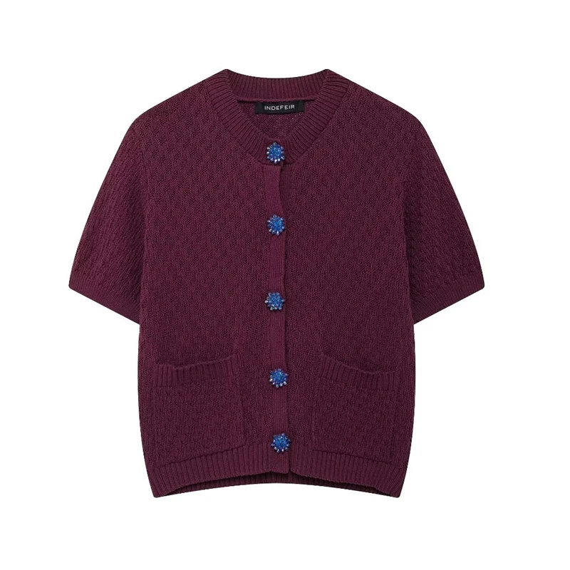 

Women's Knitwear 2024 New Solid Color Slim Fit Short Sleeve Knit Top Jewel button embellished cardigan cropped Knitwear