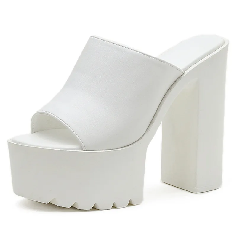 

14cm Square Heel Platform Mules Women Outdoor Slippers Peep Toe Slip On Sandals Chunky Heel Shoes Slingback