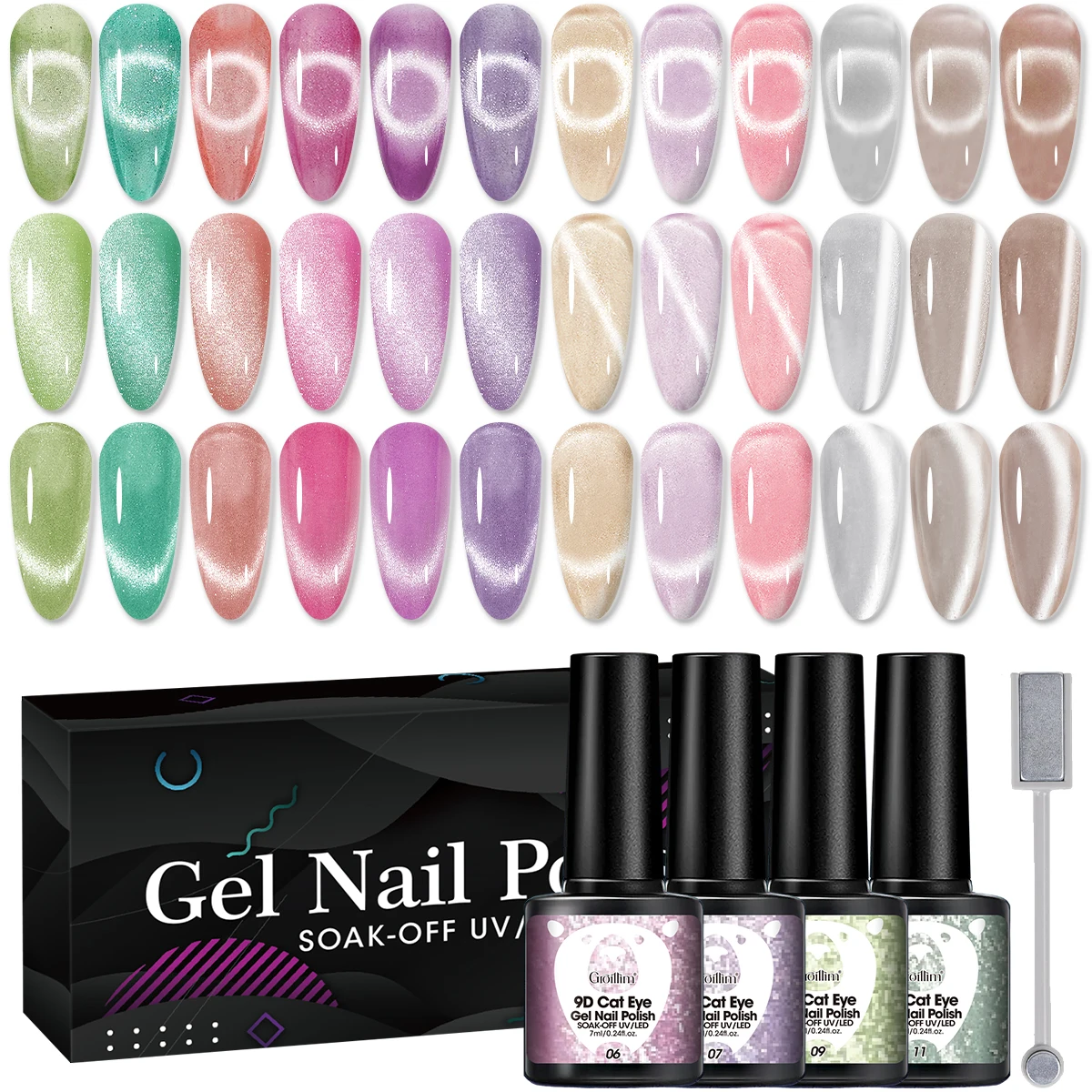 

Лак для ногтей «кошачий глаз» Groillim, 0,24 унции с магнитным остаткам — 12 ярких цветов, магнитный остаток высокой плотности, длительный срок службы, высокий G