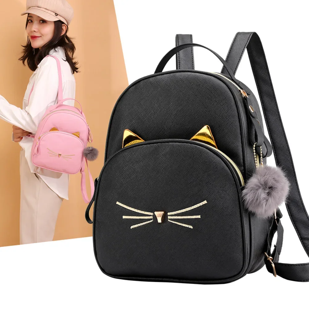 Fashion Cartoon Cat Backpack Women Mini PU Leather Shoulder Messenger Bag for Girls Ladies Phone Coin Purse Flap