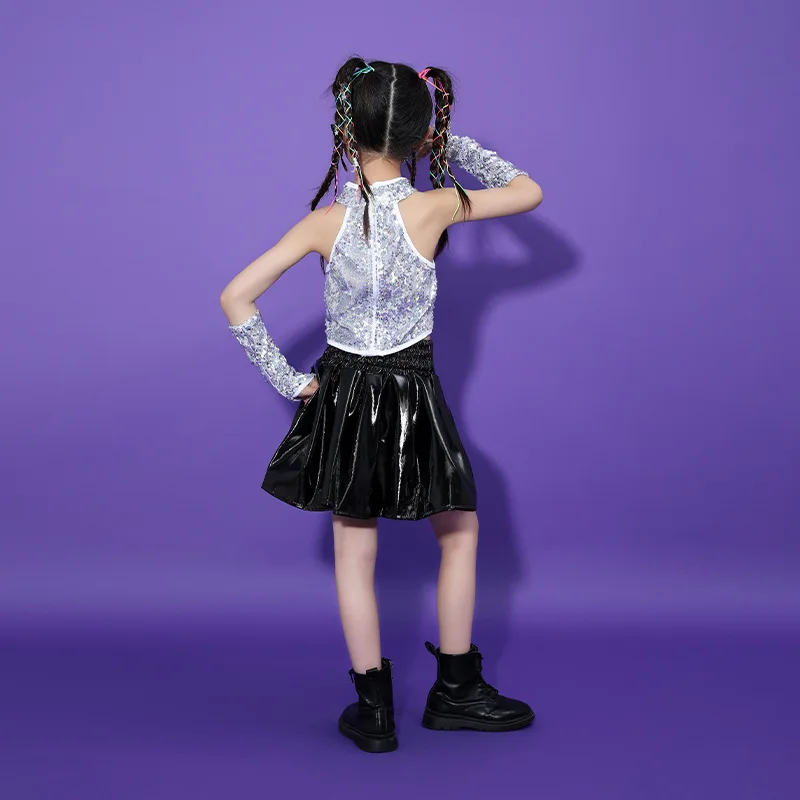 Jazz dança traje de lantejoulas feminino, terno legal na moda infantil, modelo de vestuário de passarela, moda infantil, menina