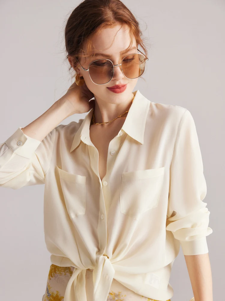 SuyaDream, Women Solid Shirts, 100%Silk Crepe de chine, Chest Pockets Chic Blouses, 2024 Spring Summer Office Lady, Pink