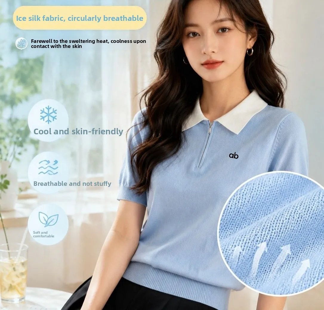 2026 Summer New Women Ice‑Silk Knit Polo Shirt Contrast Collar Half Zip Short Sleeve Slim Fit Soft Breathable Casual Tops