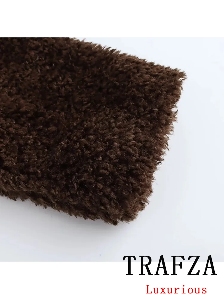 TRAFZA Vintage Casual Chic Women Fur Jackets Solid Single Breasted Hooded Loose Coats New Fashion 2024 Autumn Winter Outwears