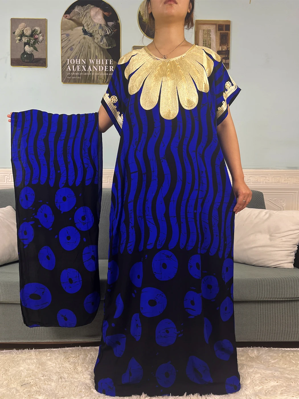 Muslim Woman Dress Summer Short Sleeves Printed Cotton Abayas For Women Boubou Loose Femme Robe Afreican Clothing With Headscarf 3