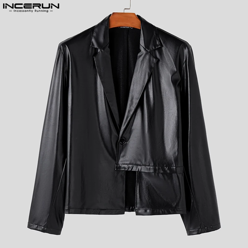 INCERUN Tops 2024 Korean Style Fashion Men\'s PU Leather Irregular Hem Design Suit Coats Autumn Casual Long Sleeved Blazer S-5XL