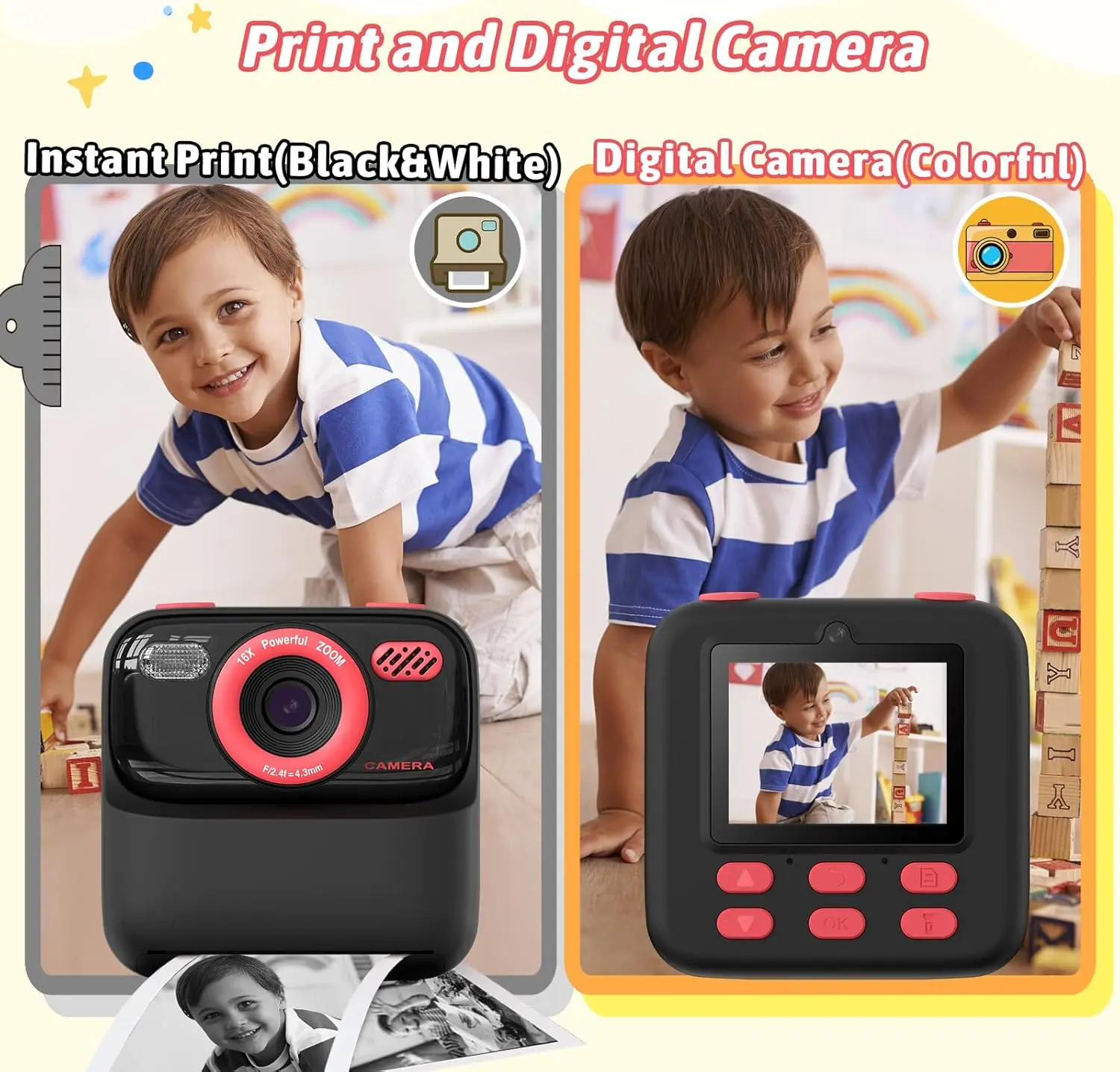 Appareil photo numérique pour enfants, impression instantanée 080P HD, double objectif, Selfie, avec papier imprimé et carte 32G, jouets cadeaux de noël et d'anniversaire