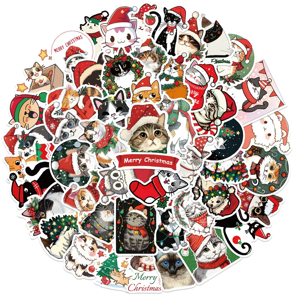 50PCS Cute Christmas Cat Stickers Cartoon Animals For Holiday Gifts Decals Laptop Fridge Cup Luggage Skateboard Kids Stickers