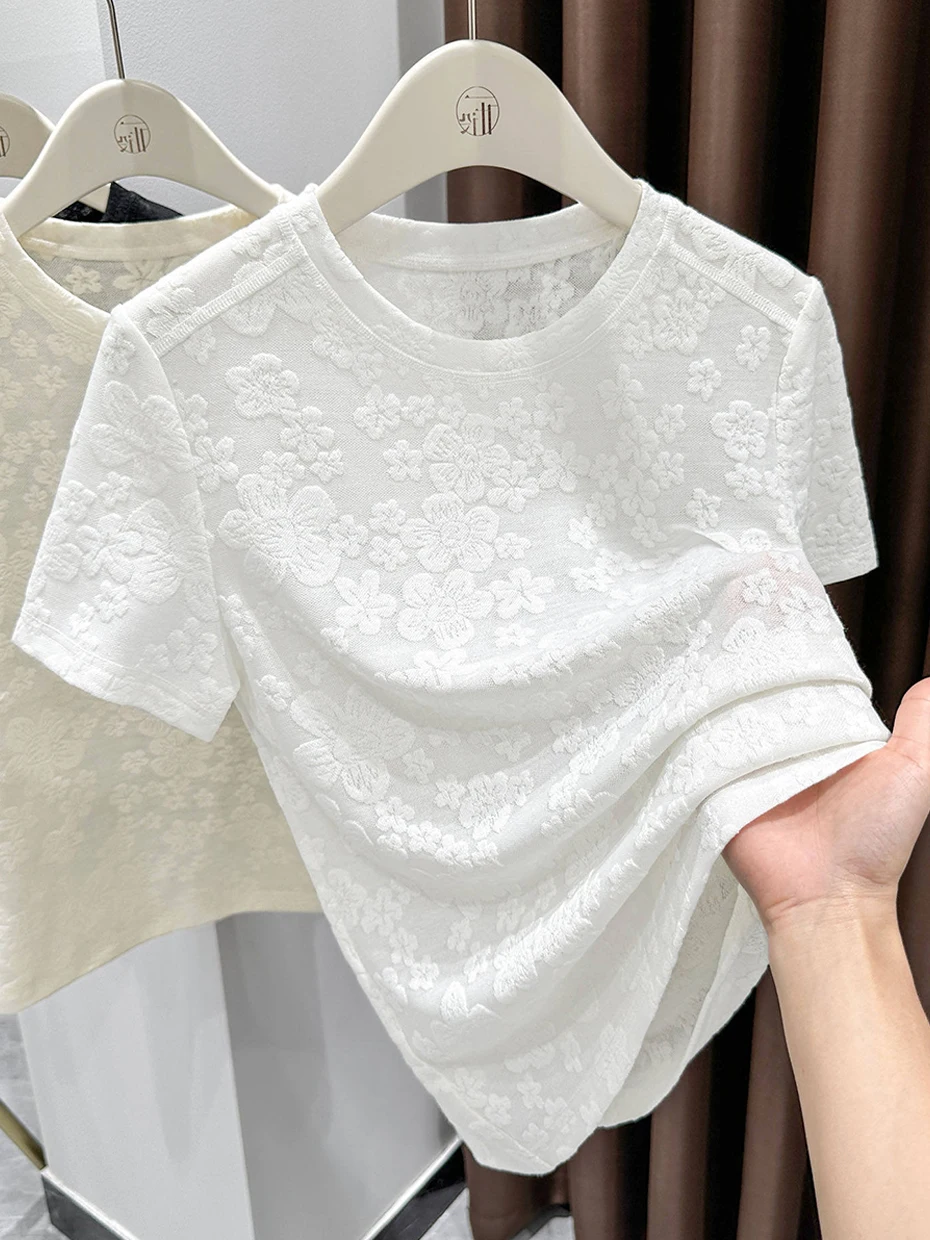 Short Lace T-Shirt Women's Summer New Style Shoulder New Chinese National Style Embroidery Top Thin Veil Cover up Korean Styl...