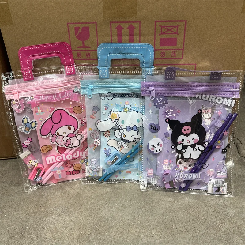 

Kawaii Cartoon Kuromi Cinnamoroll Handheld Stationery Gift Bag Melody Notebook Ruler Pen Planer Eraser Set Student Accessories