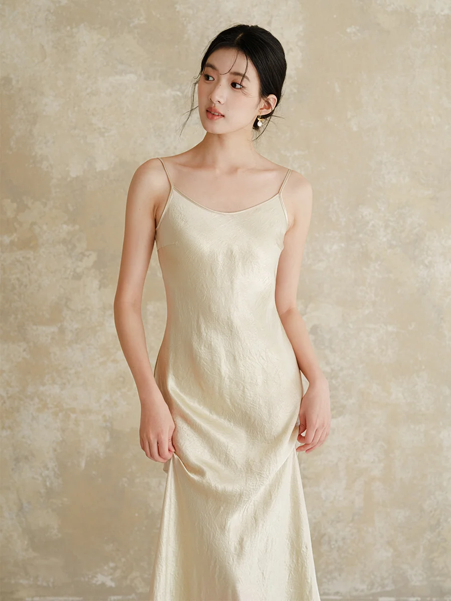 

Ele High-Waisted Long-Sve Satin Wrap Dr Women's New Chinese Sle Inner Wear Vest Dr Chiffon Polyester Blend