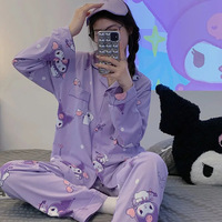 Kawaii 2Pcs Kuromi Thin Pajamas Long-Sleeved Tops Cardigan Trousers Hello Kitty Girl Sweet Cartoon Pants Casual Home Wear Set
