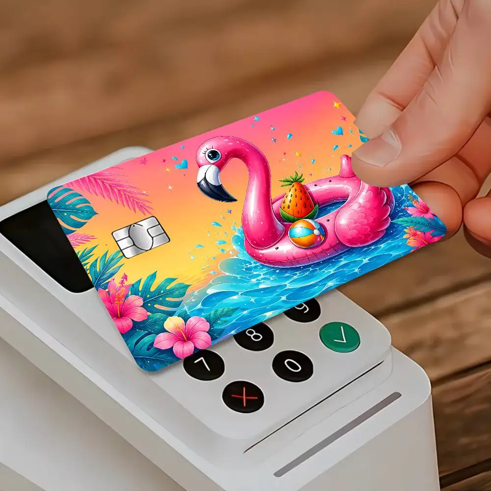 Pink Flamingo Card Stickers Cartoon Decorative Small Waterproof Chip 4PCS Card Sticker New Anti-Scratch