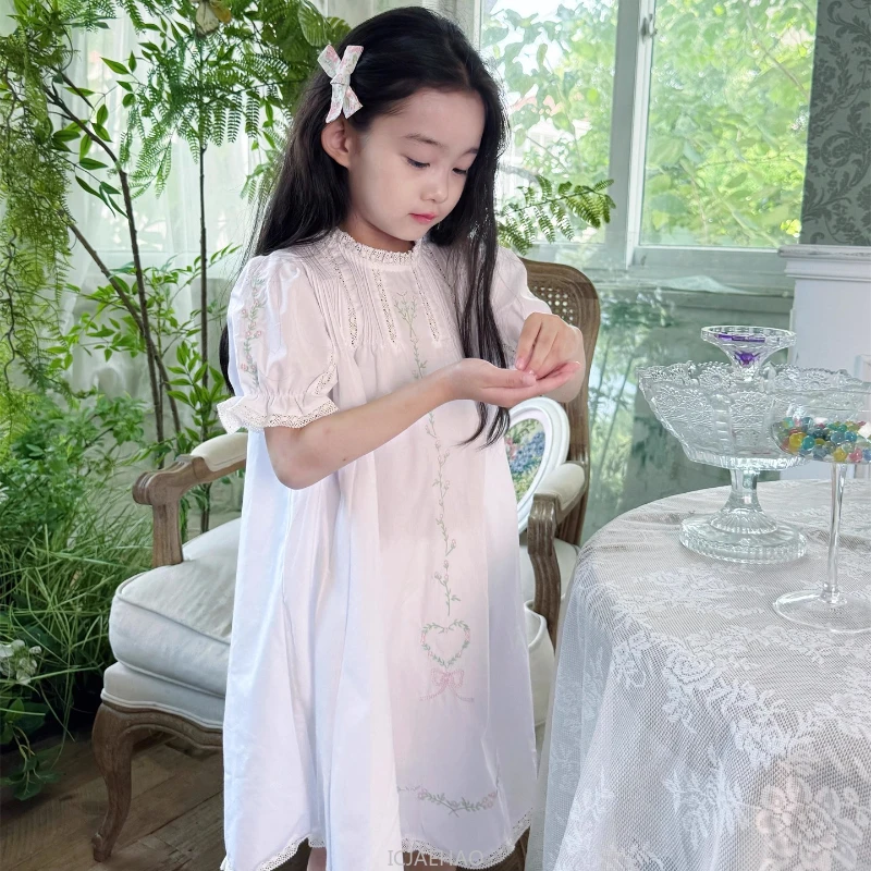 Teen Girl Clothes Children White Vintage Hand Smocked Kids Girls Short Sleeve Dress Korean Simple Style Loose Casual Costume