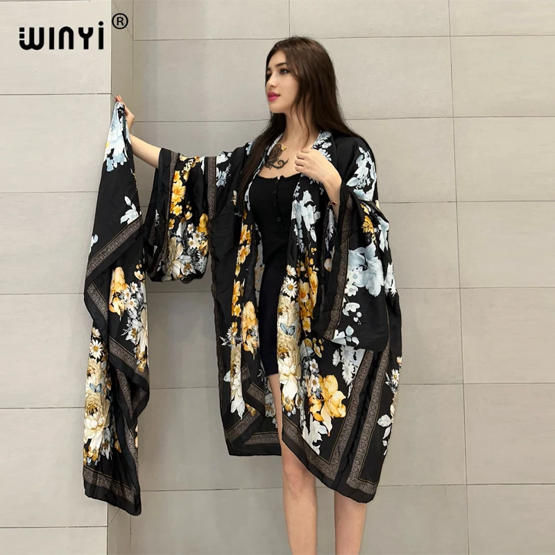 WINYI letnie kimono afrykańskie sukienka z nadrukiem plażowe boho elegancki kardigan stroje plażowe wakacyjne dla kobiet okrycie plażowe abaya