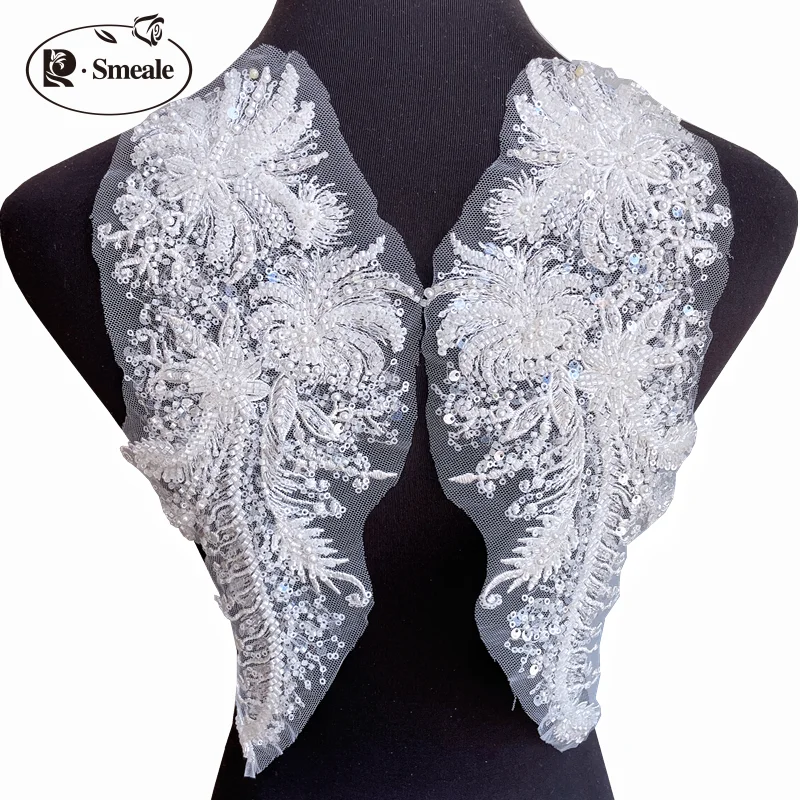 3D Beaded Lace Flowers Applique for Bride, Wedding Dress, Skirt, Skirt Accessories, Headwear, RS3776, 2Pcs, 1Pair