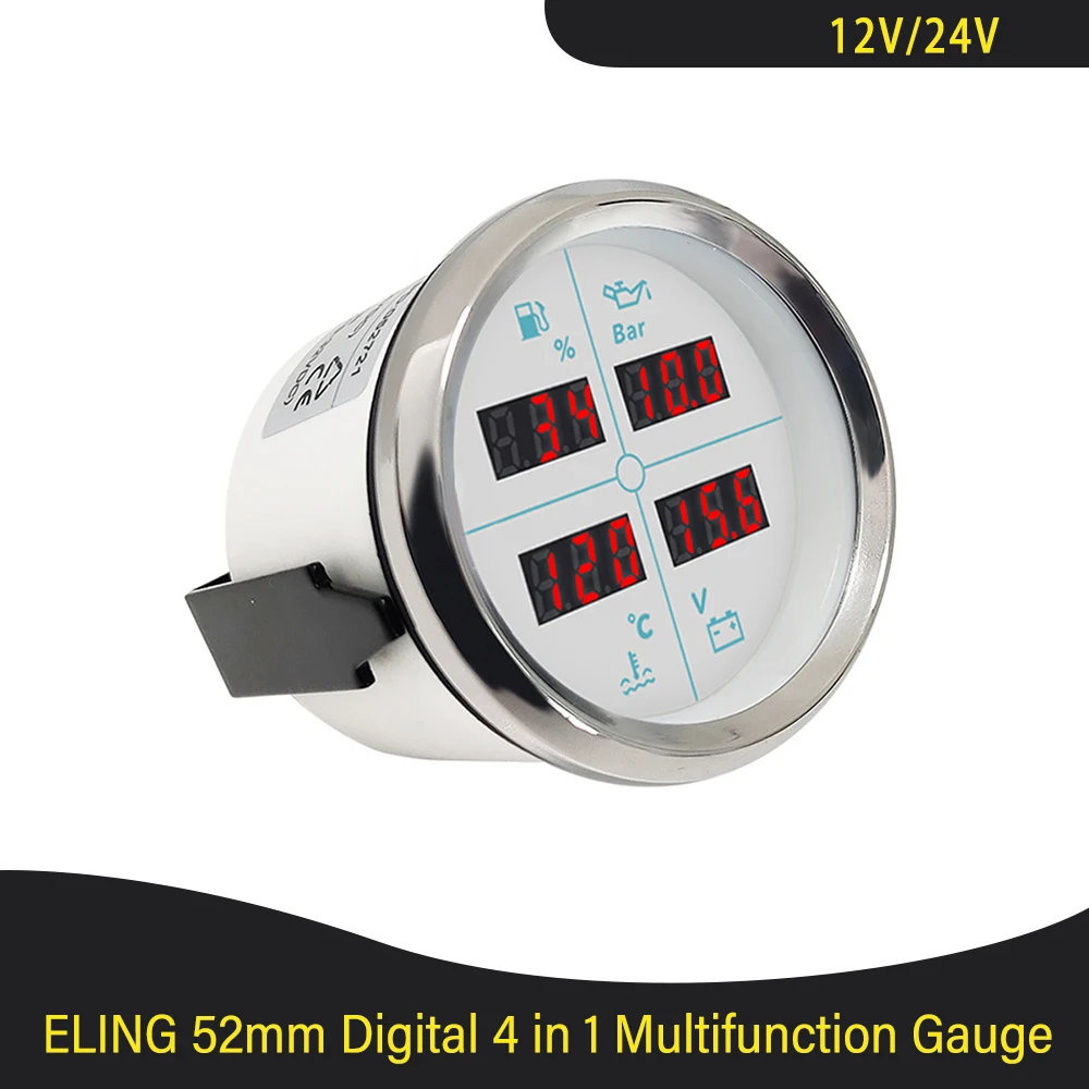 Car Marine Digital 52mm 85mm 4 in 1 Multifunction Gauge with Fuel Level Oil Pressure Water Temp. Voltmeter and 8 Color Backlight