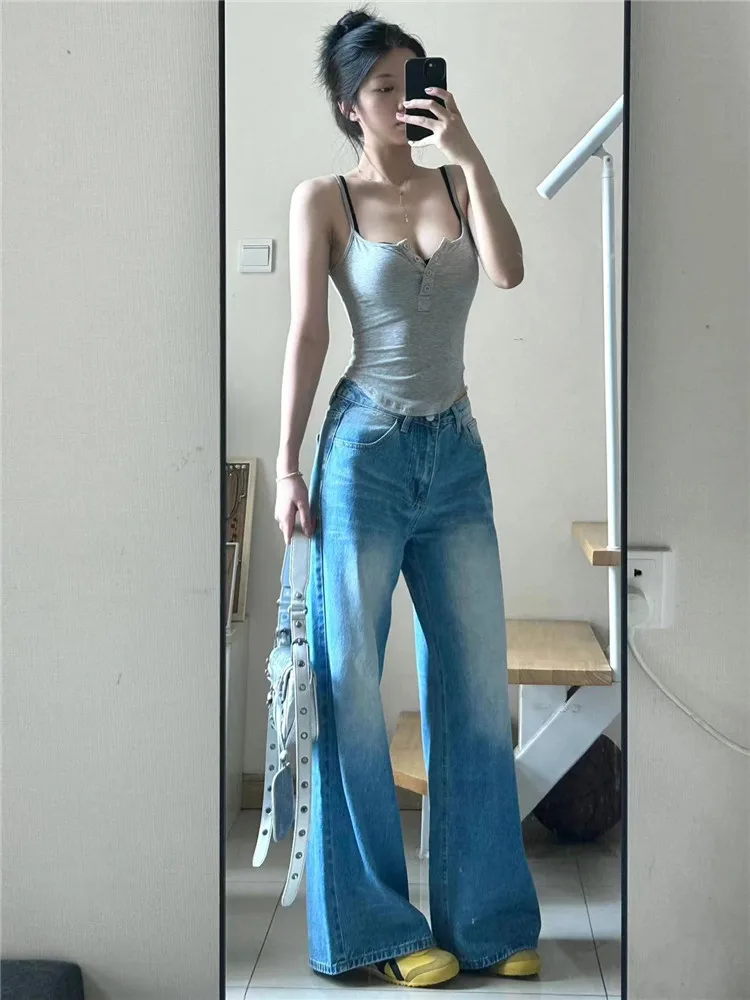 

Американские джинсы High Street синие широкие женские летние выцветшие свободные удлиненные брюки до пола с естественной талией