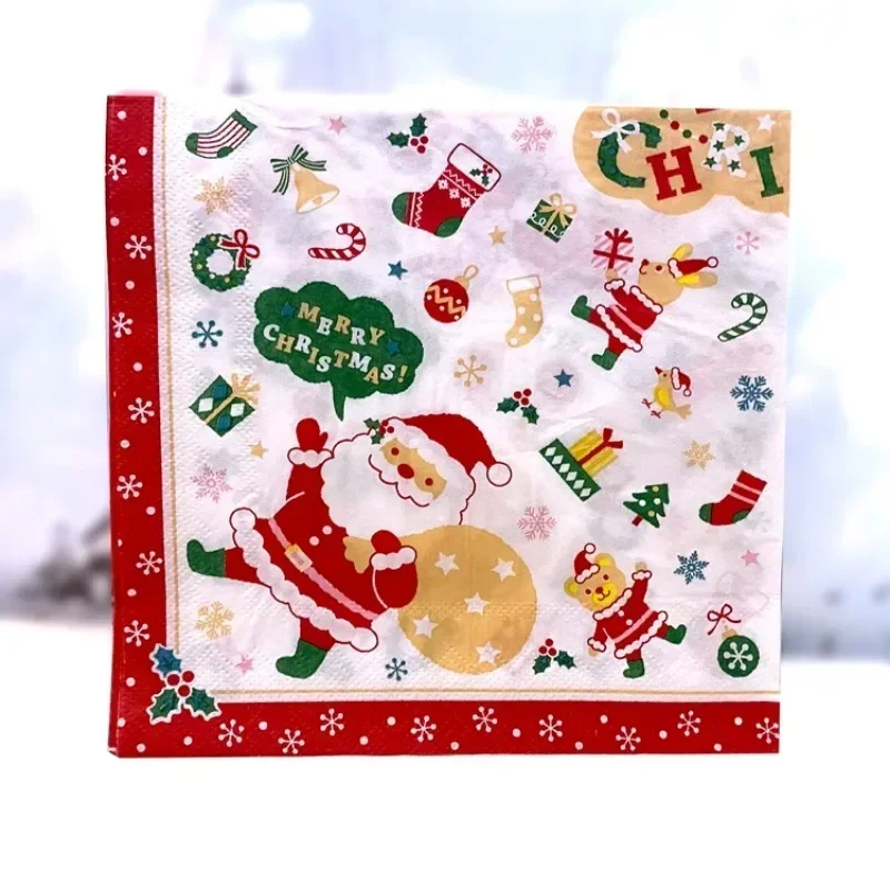 10/20pcs 33cm Christmas Napkins White Beard Placemat Paper Colorful Printed Napkins Christmas Holiday Paper Printed Mouth Cloths